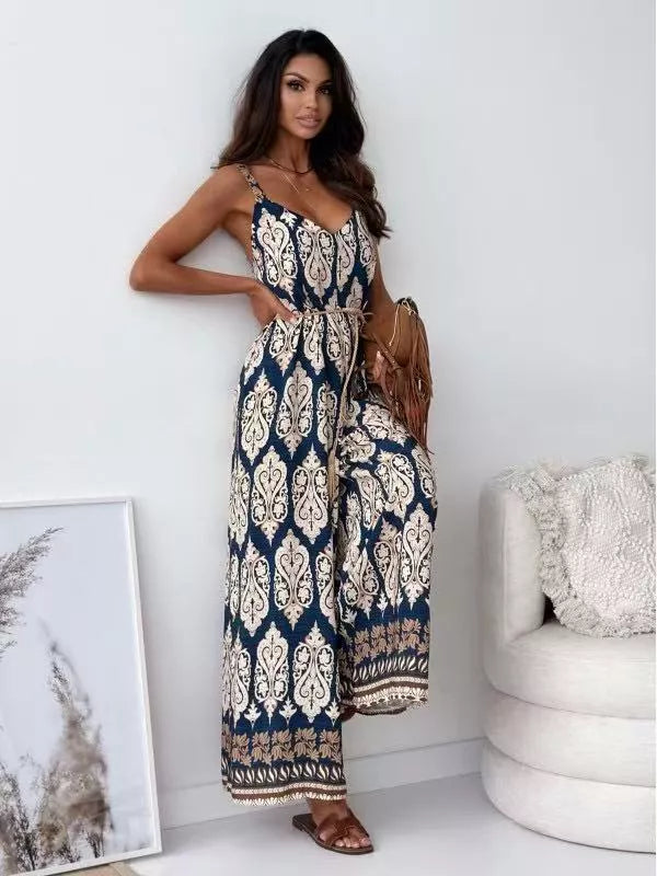 Printed Spaghetti Strap Wide-Leg Jumpsuit