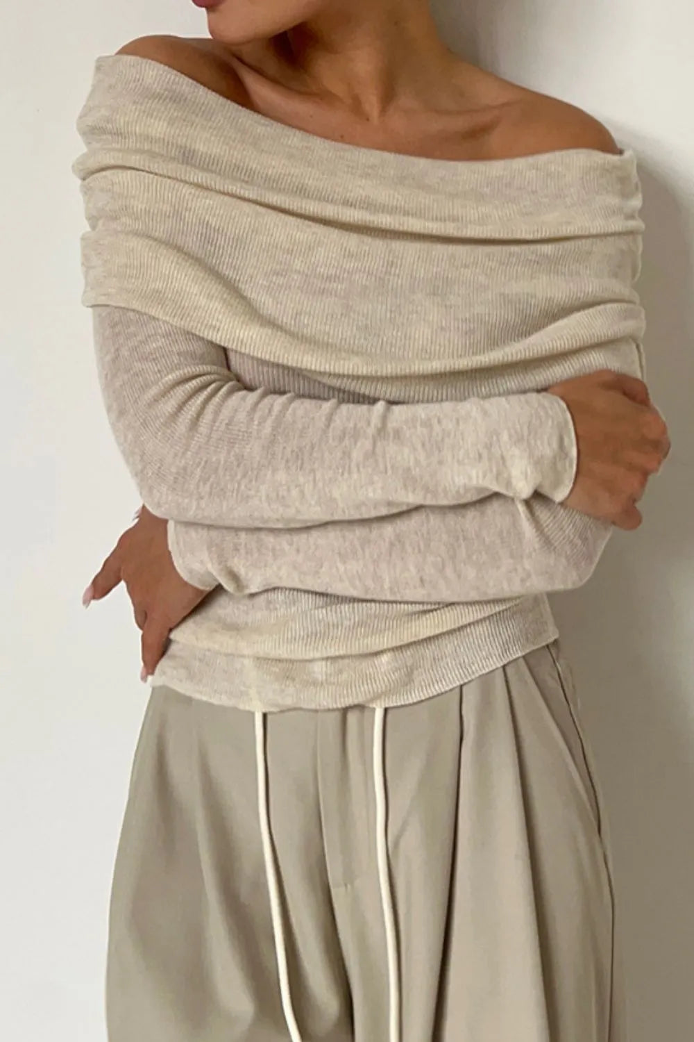 Off-Shoulder Long Sleeve Knit Top