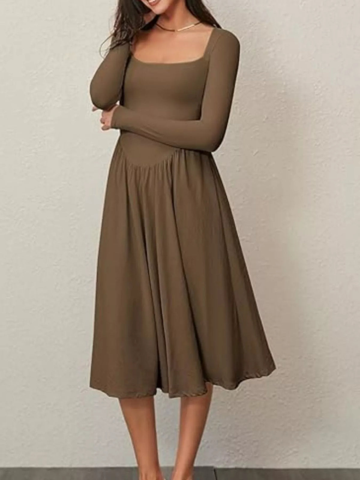 Square Neck Long Sleeve Midi Dress