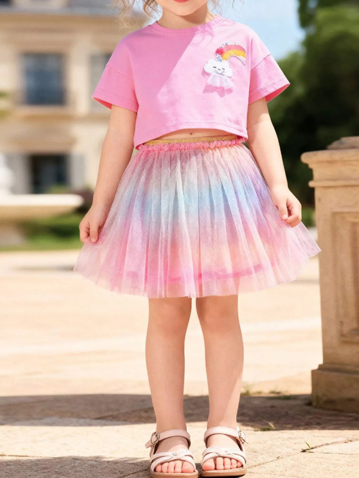 Children's Rainbow Cloud Applique Top and Tulle Skirt Set