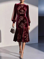 Velvet Floral Lantern Sleeve Midi Dress