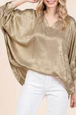 Metallic V Neck Button Cuffed Long Sleeve Dolman Blouse