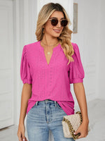 Florira Eyelet Notched Short Sleeve T-Shirt