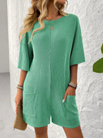 Backless Textured Round Neck Half Sleeve Romper