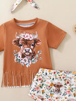 Children's Cow Floral Graphic Fringe Tee and Shorts Set with Headband