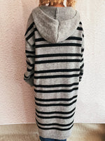 Striped Open Front Hooded Cardigan