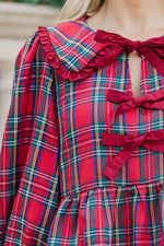 Plaid Tie Neck Ruffle Cuffs Long Sleeve Shift Blouse
