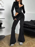 Zip-Up Crop Top and Flared Pants Two-Piece Set