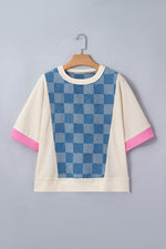 Checkered Denim Patchwork Short Sleeve Loose Top