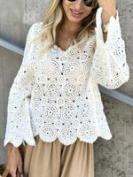 Crochet Lace V-Neck Bell Sleeve Knit Top