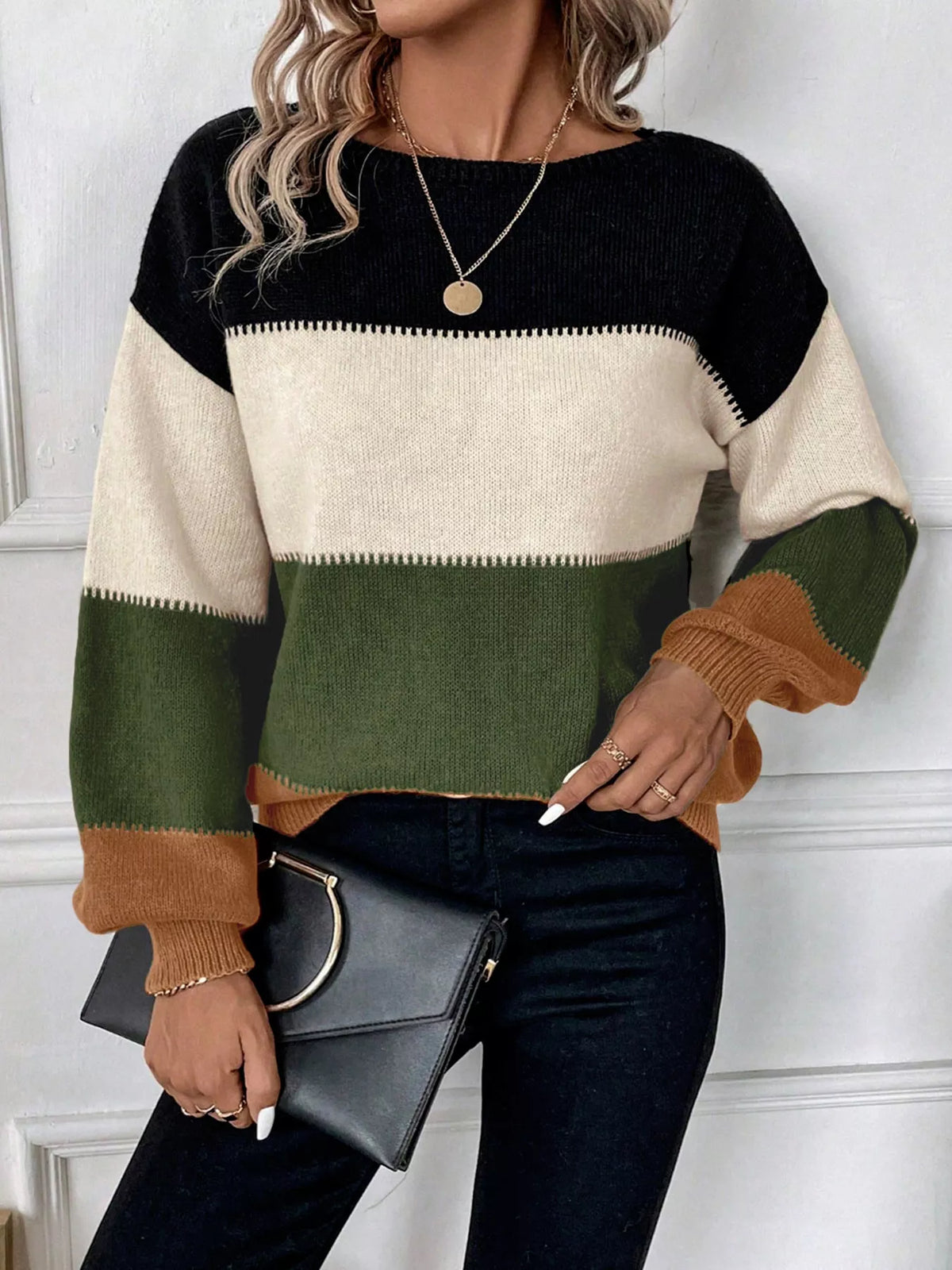 Color Block Round Neck KnitSweater