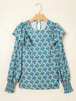 Abstract Print Shirred Cuff Ruffled Puff Sleeve Blouse