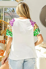 BiBi Sequin Mardi Gras Bottles Spangled Sleeve Top
