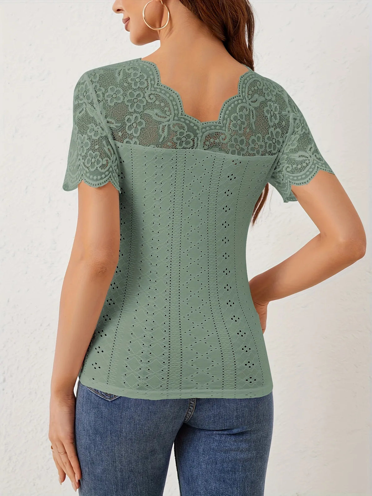 Lace Scalloped V-Neck Eyelet T-Shirt
