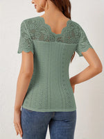 Lace Scalloped V-Neck Eyelet T-Shirt
