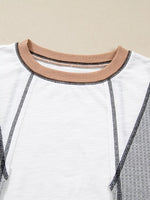 Color Block Textured Knit Patchwork Casual Top