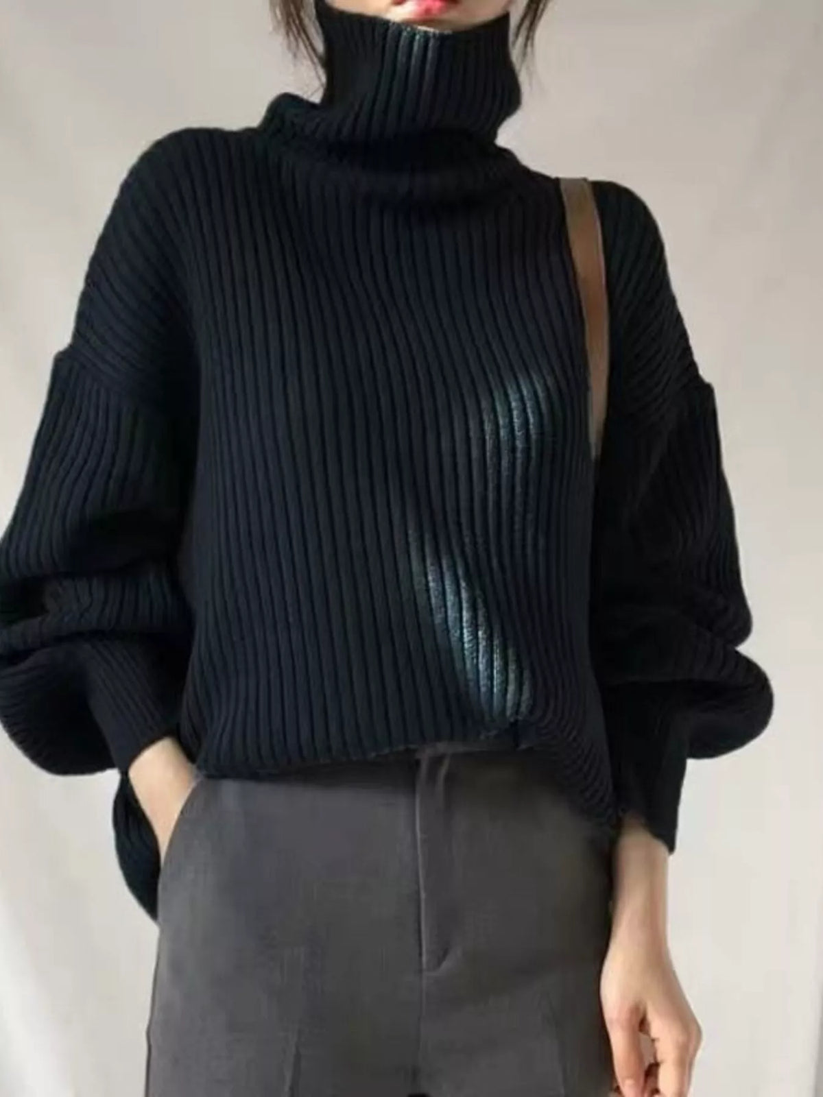 Oversized Turtleneck Ribbed Knit Sweater