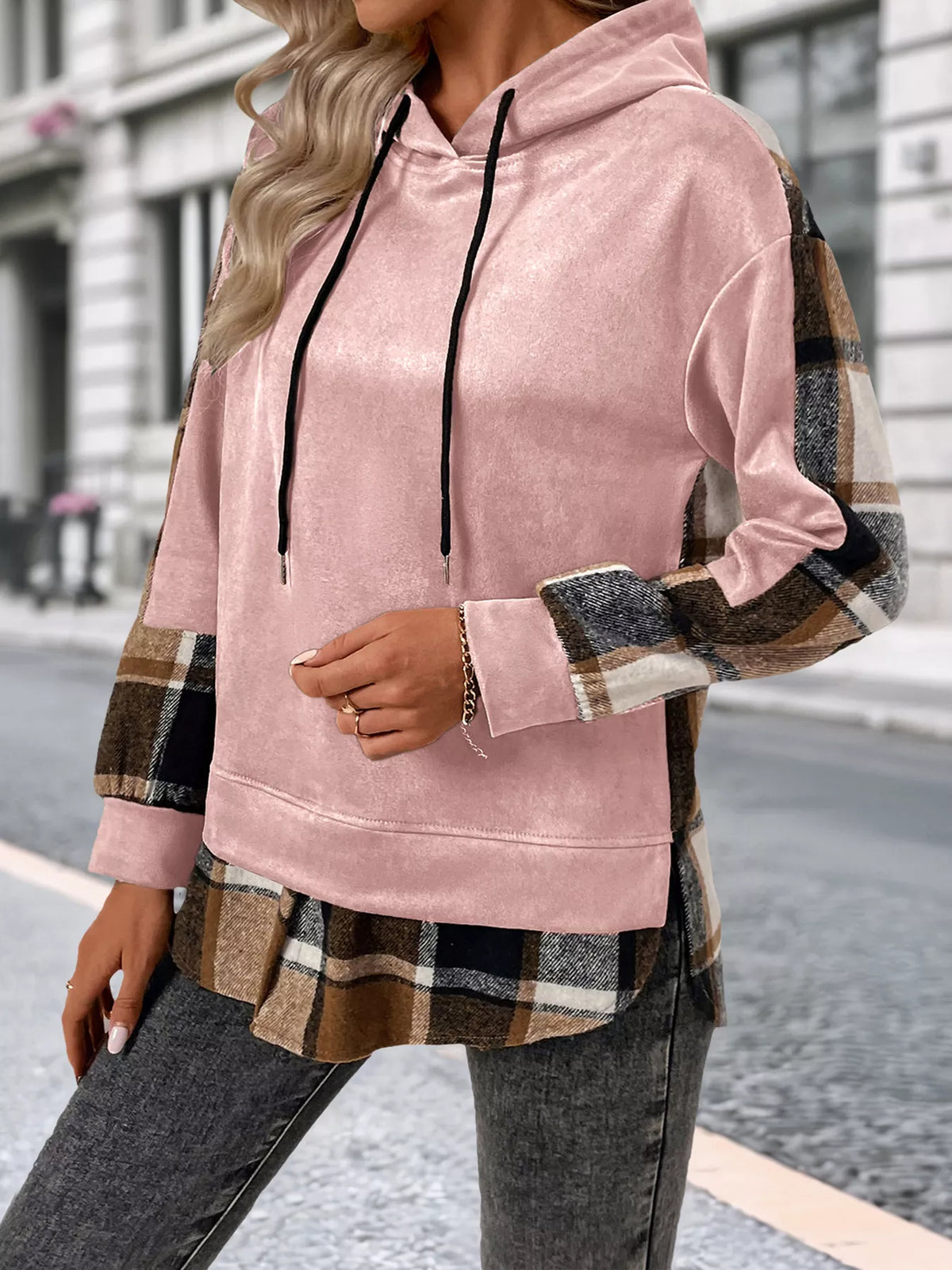 Plaid Drawstring Long Sleeve Hoodie