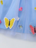 Children's Striped Tulle Dress with Butterfly and Flower Appliques