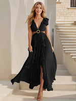 Cutout Ruffled Cap Sleeve Maxi Dress