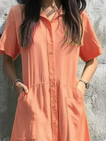 Button Front Short Sleeve Midi Dress