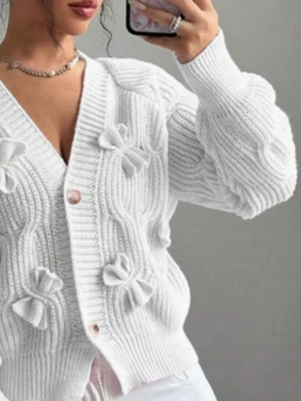 Bow Cable Knit V-Neck Cardigan