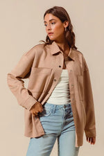 SO ME Faux Sued Snap Shacket with Collar and Pockets
