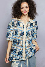 POL Openwork Short Sleeve Crochet Shirt with Border Accents