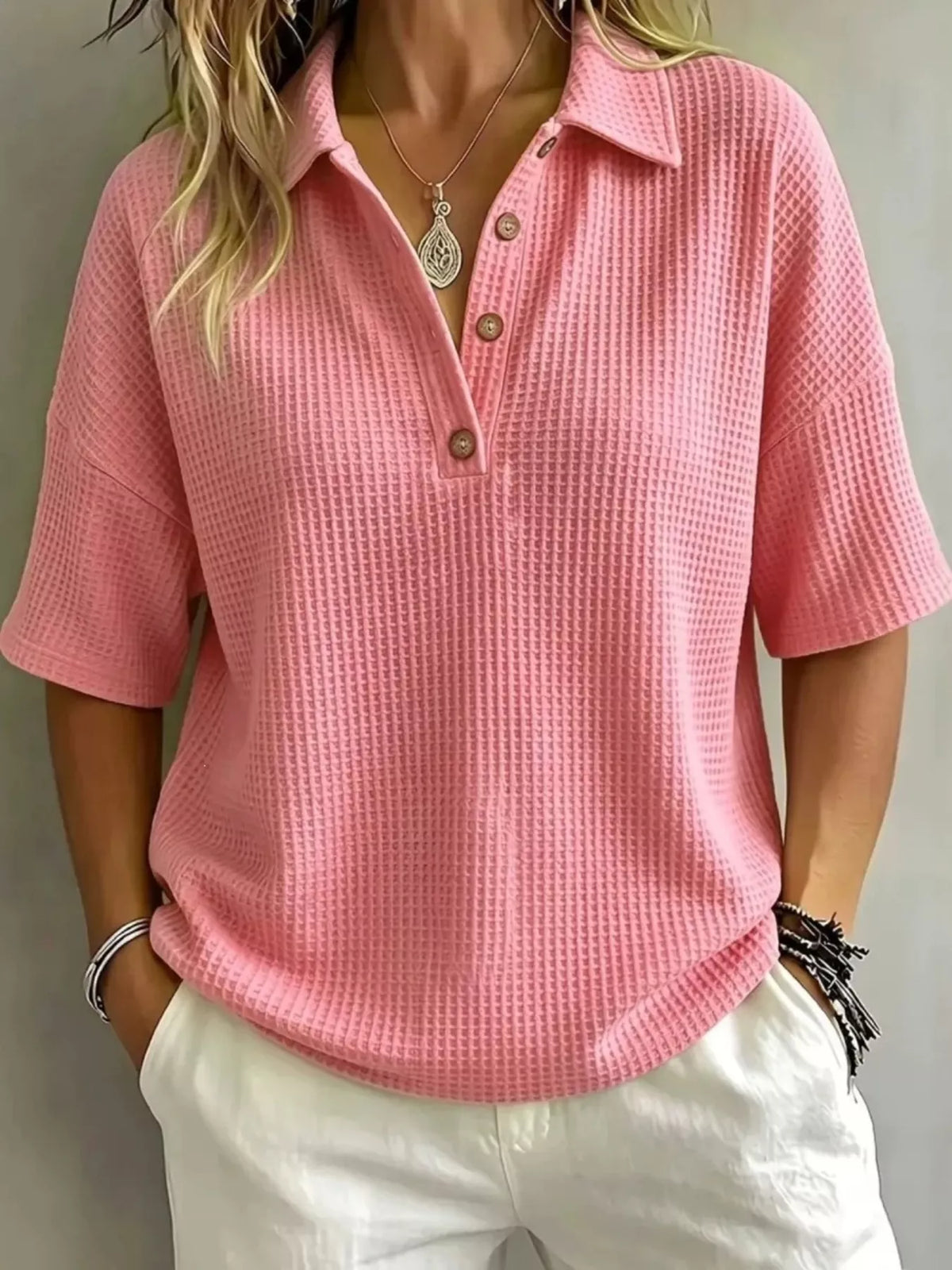 Full Size Waffle Knit Polo Top with Button Detail Plus Size