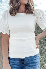 Eyelet Short Sleeve Patchwork Ribbed Top
