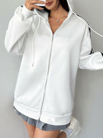 Striped Sleeve Zip-Up Drawstring Hoodie