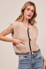 SO ME Big Metal Button Front Stripe Edge Knitted Sweater Vest