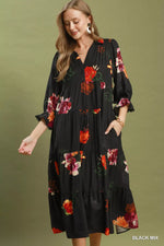 Umgee Floral Print Tiered Midi Dress with Puff Sleeves