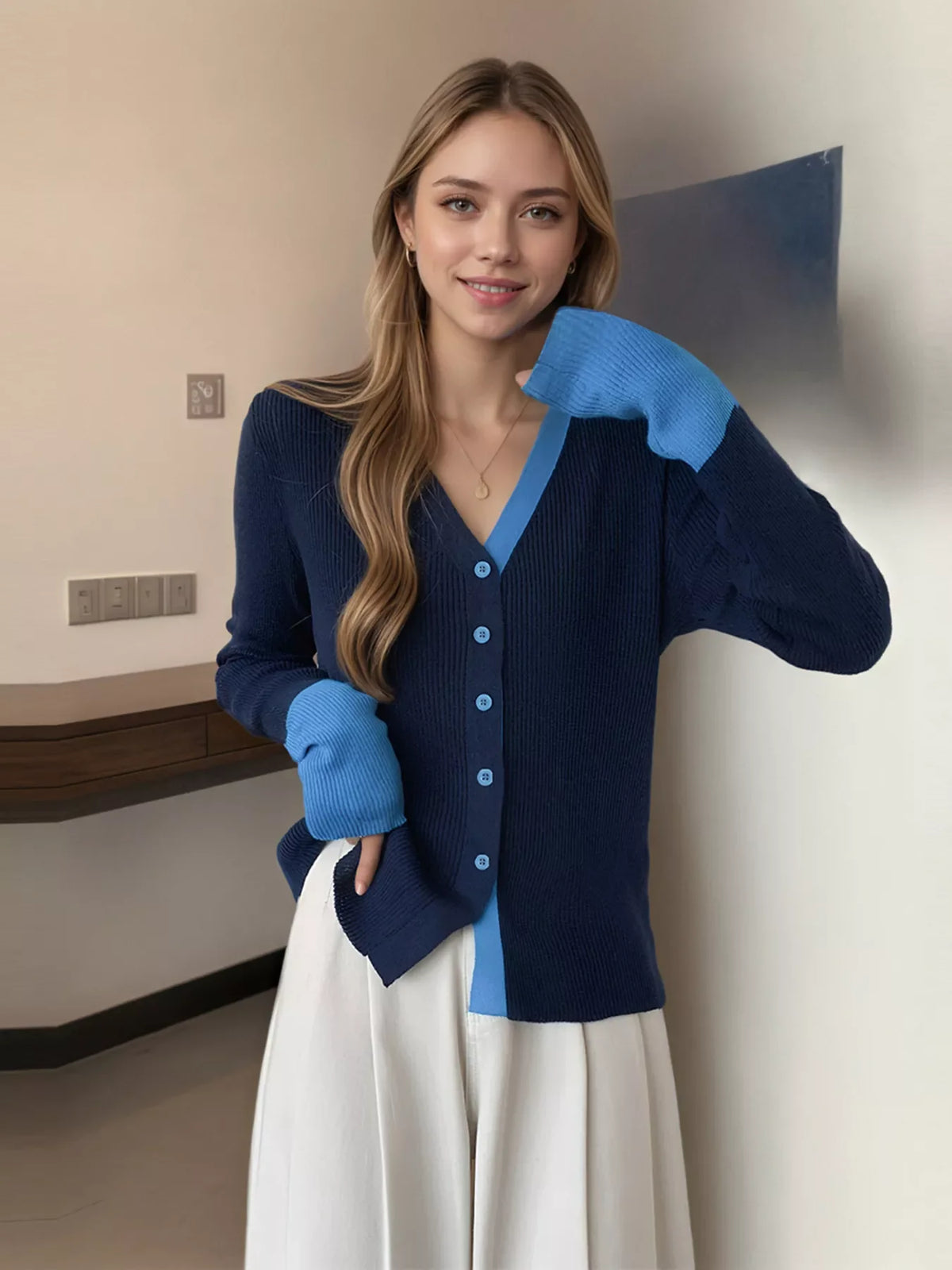 Contrast Trim Ribbed Knit Cardigan