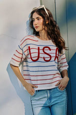 SO ME Usa Stripe Knit Short Sleeves Sweater Top
