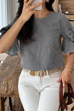 Gingham Bow Half Sleeve Blouse