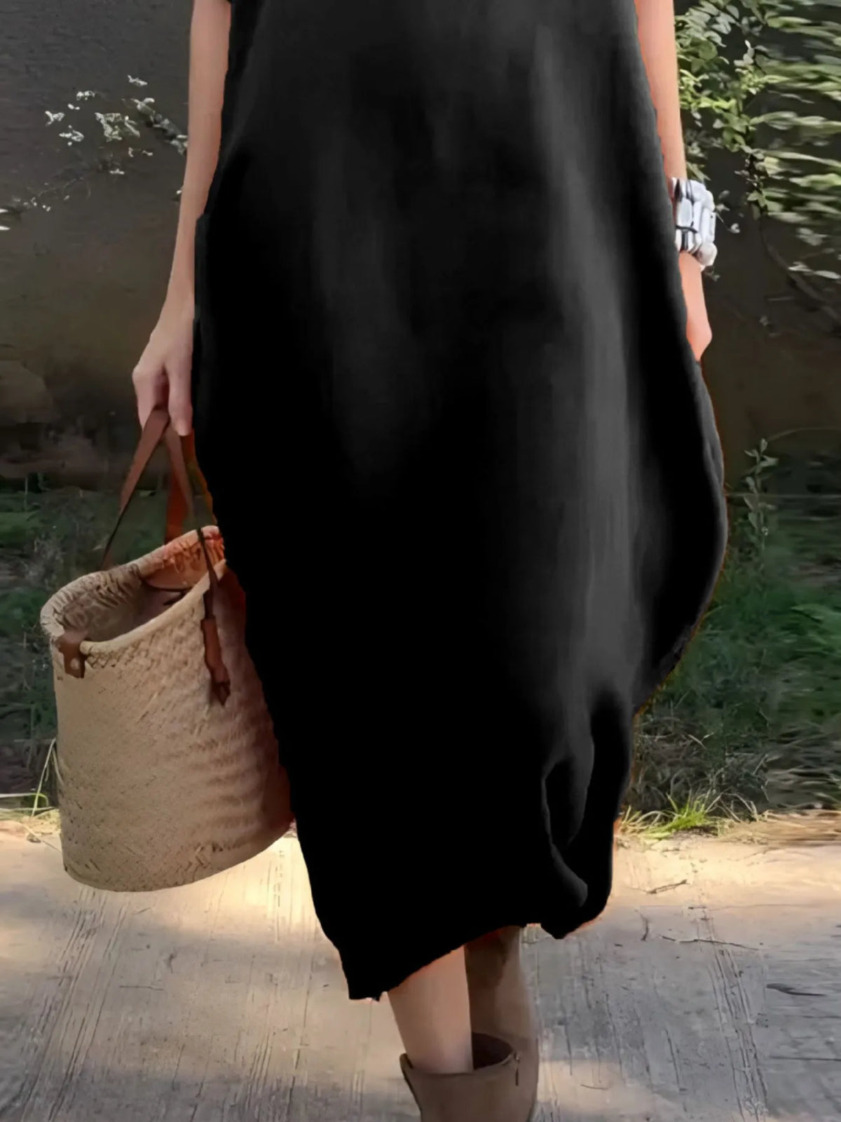 Full Size Casual Loose Fit Round Neck Midi Dress Plus Size