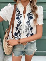 Embroidered Frill Notched Short Sleeve Blouse