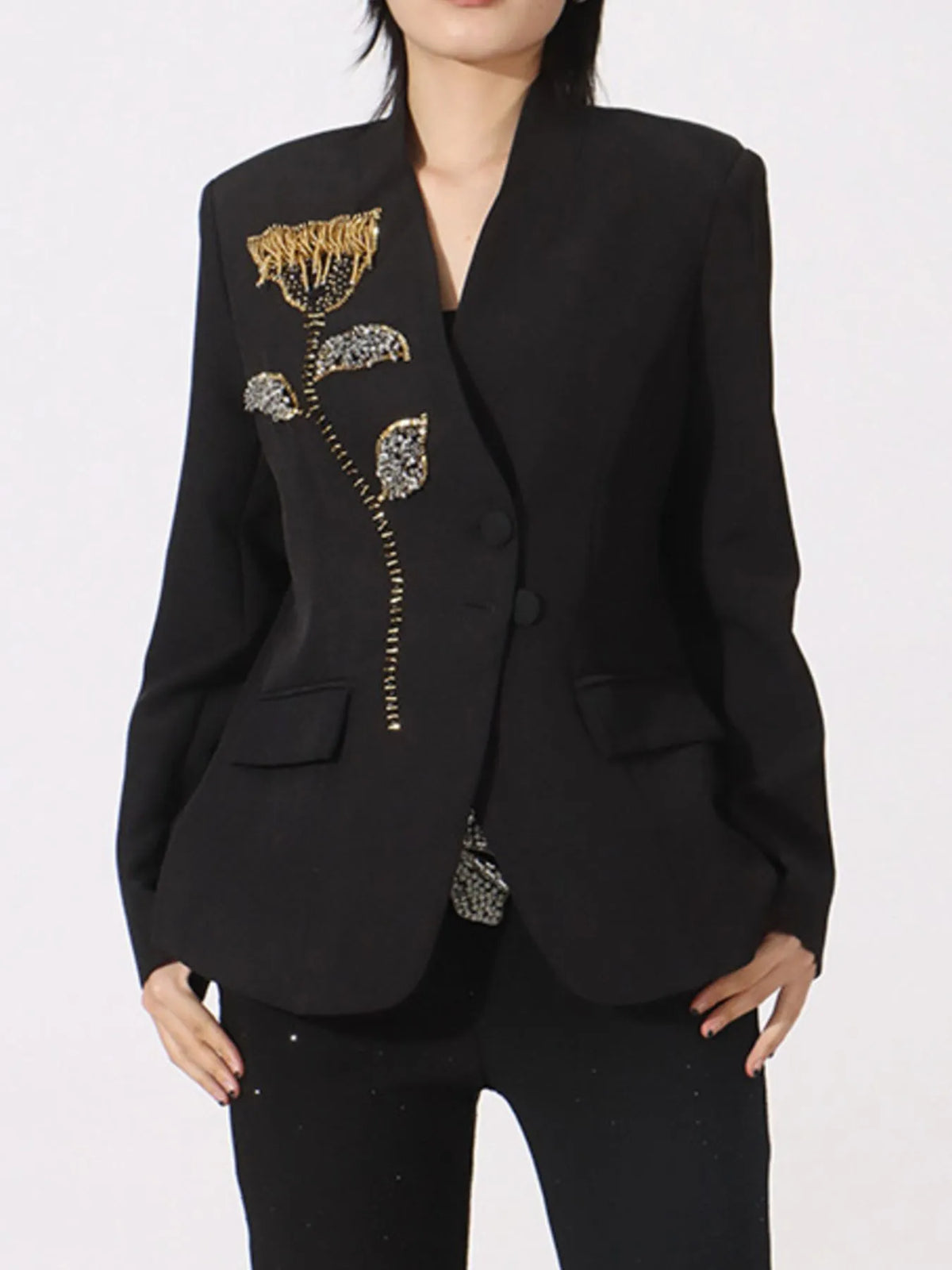Flower Button Front Long Sleeve Blazer