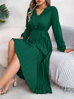 Lace Detail V-Neck Pleated Dress