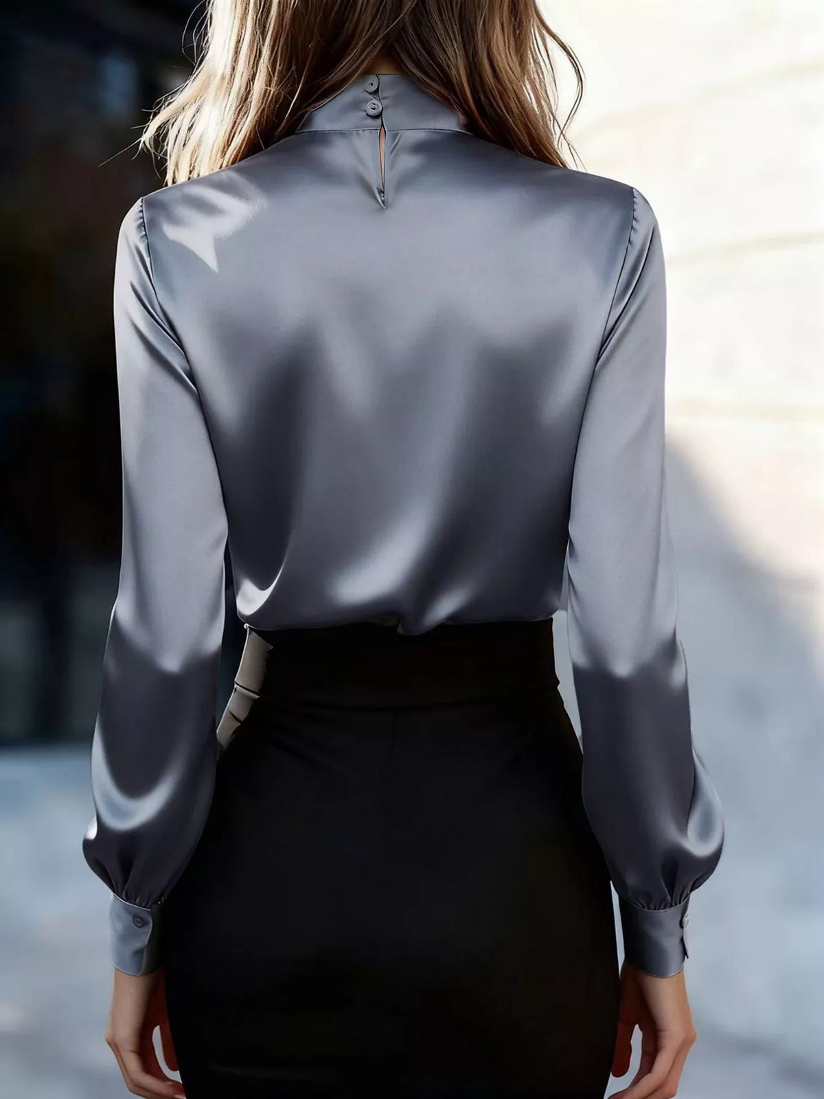 Satin Bow Tie Long Sleeve Blouse