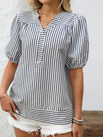 Striped Notched Puff Sleeve Blouse