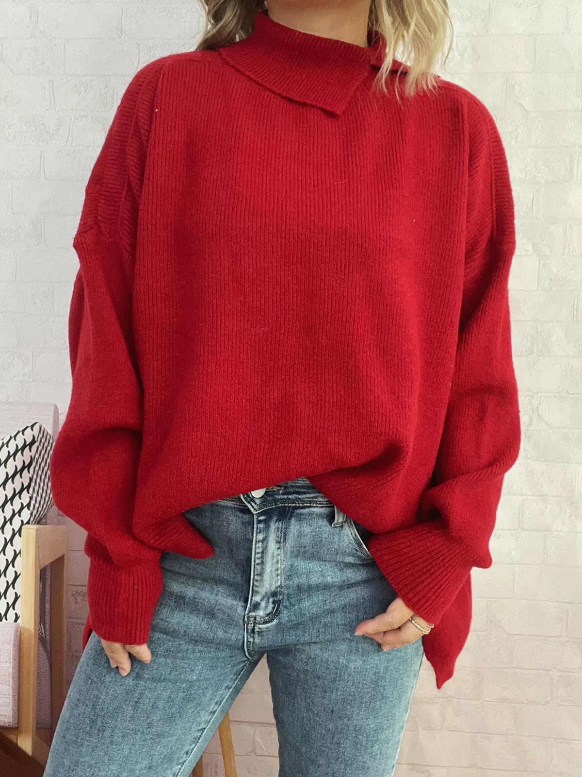 Slit Turtleneck Long Sleeve Sweater