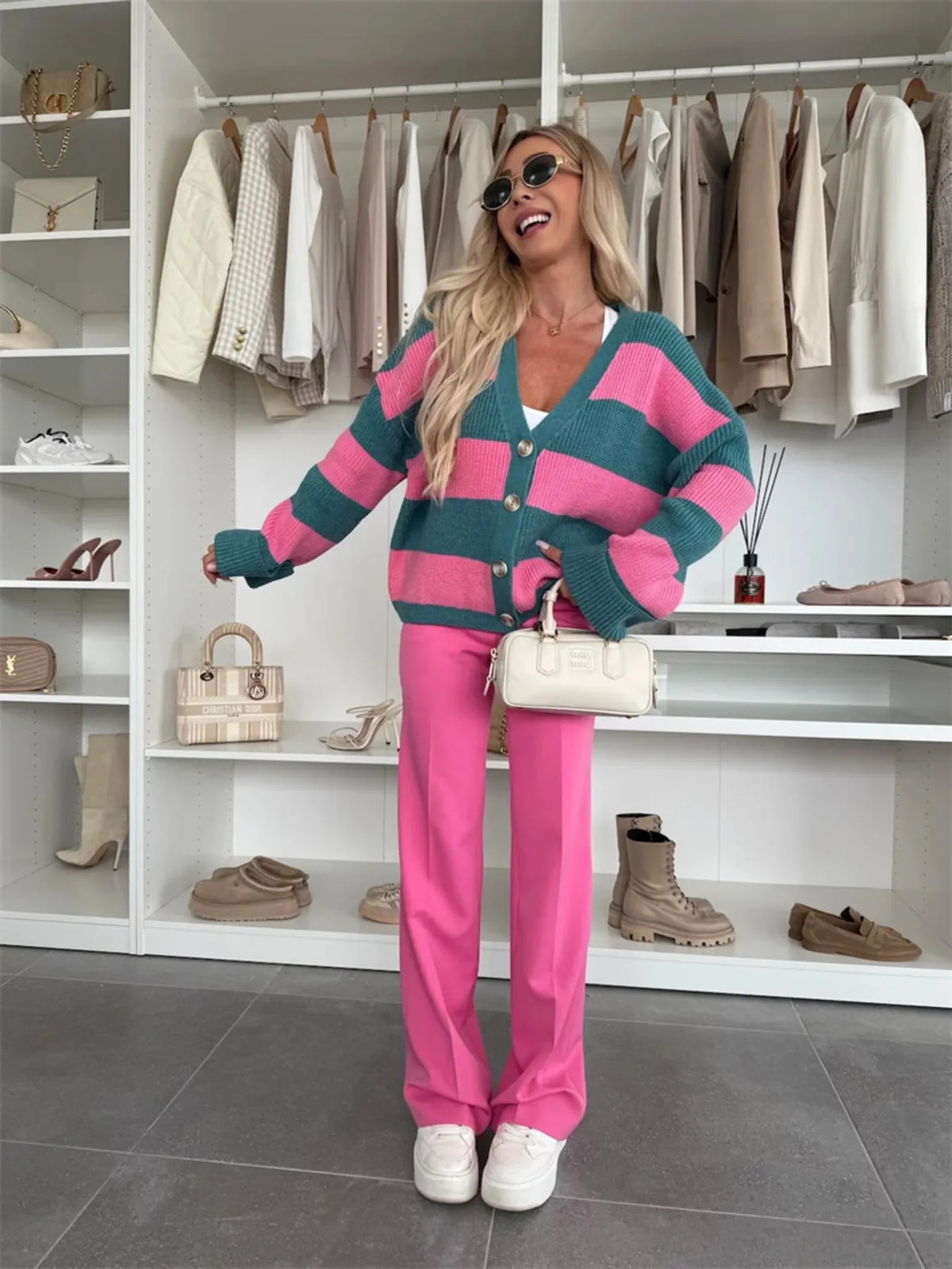 Color Block Striped V-Neck Button Front Cardigan