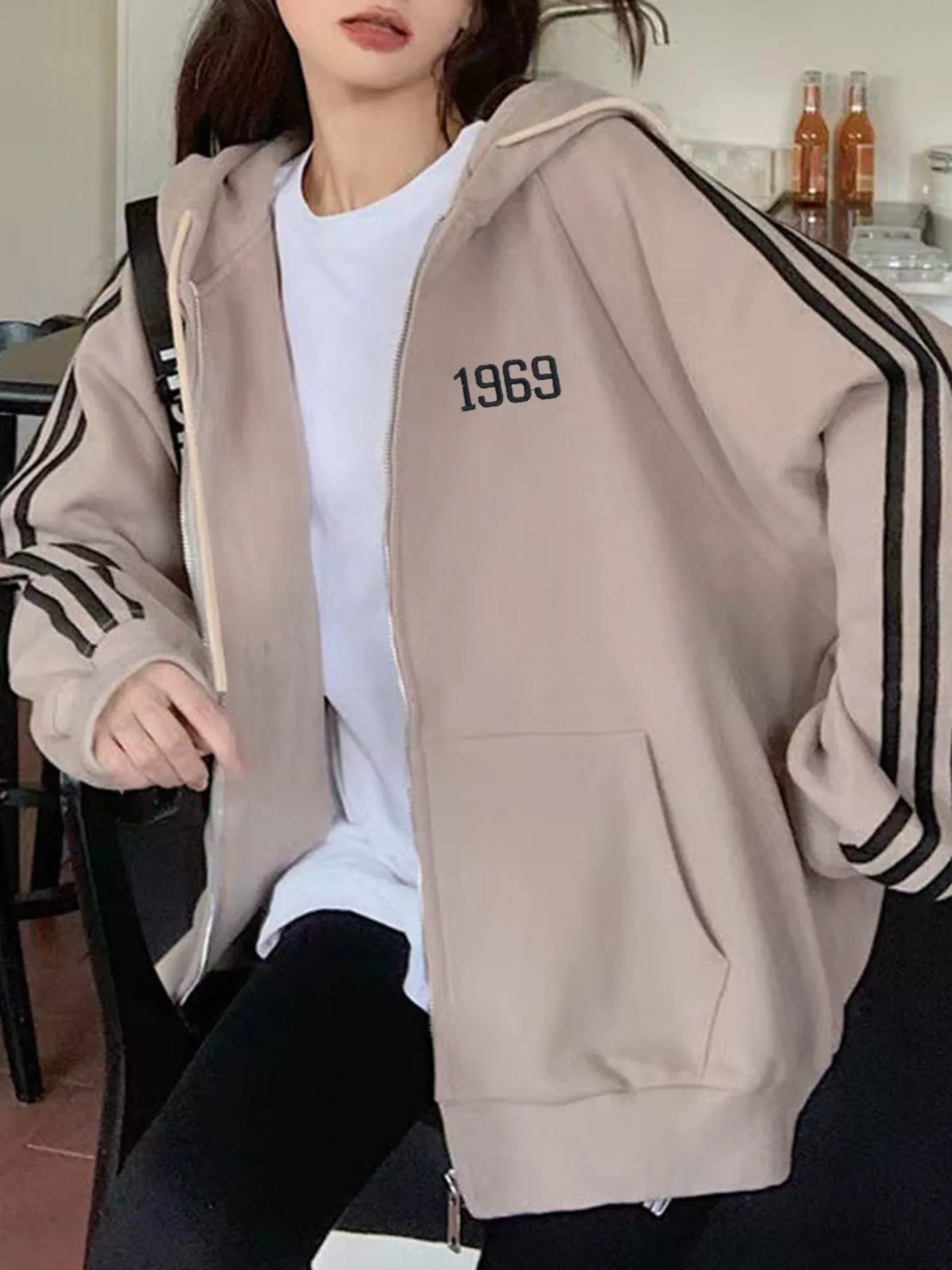 Striped Sleeve Zip-Up Hoodie