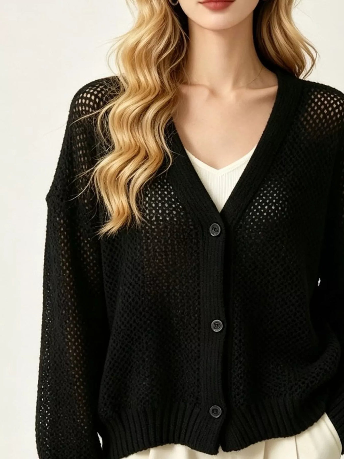 V-Neck Open-Knit Button-Down Cardigan