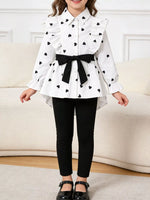 Children's Heart Print Ruffle Trim Shirt & Pants Set with Tie