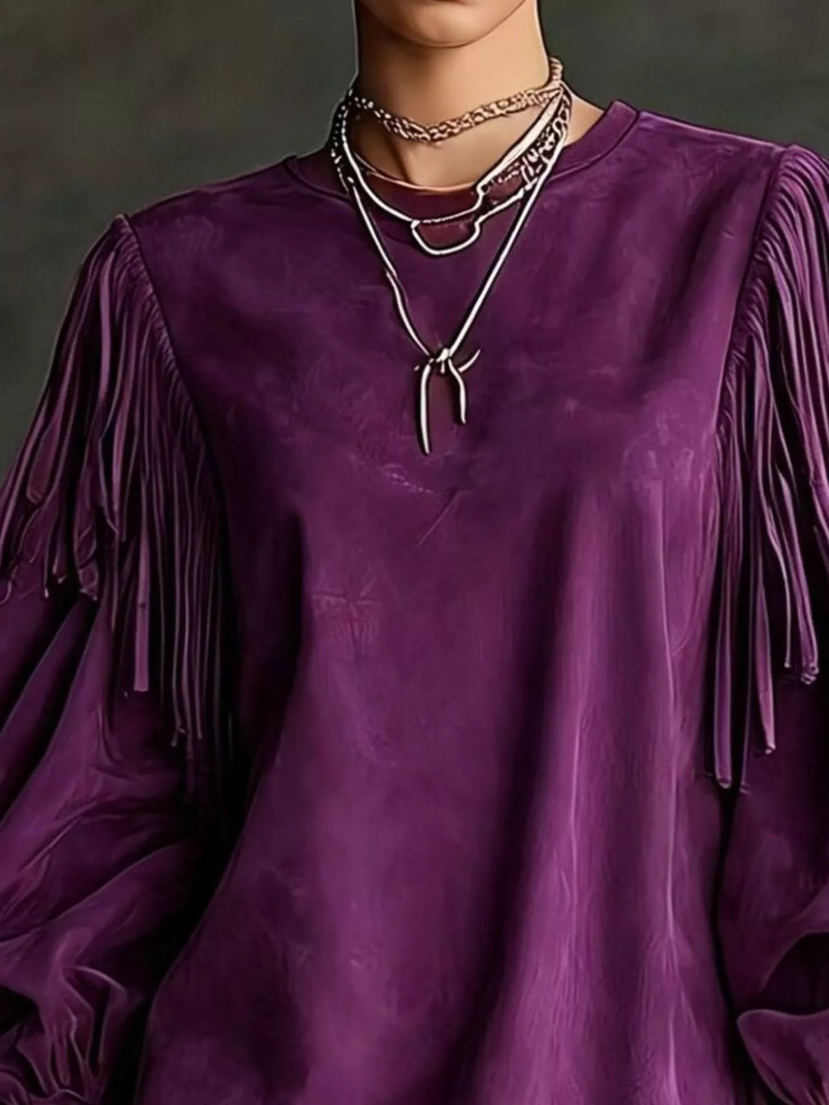 Fringe Detail Lantern Sleeve Mini Dress