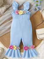 Children's Floral Decor Smocked Ruffle Hem Jumpsuit