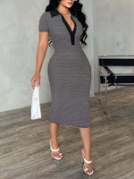 Striped Polo Collar Midi Dress